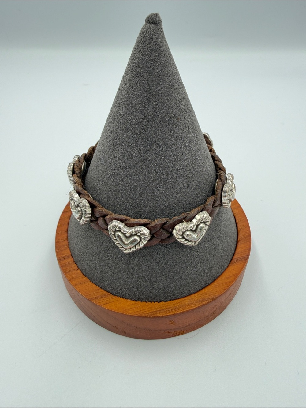 Brighton Brown Braided Leather Bracelet with Silver Heart Accents